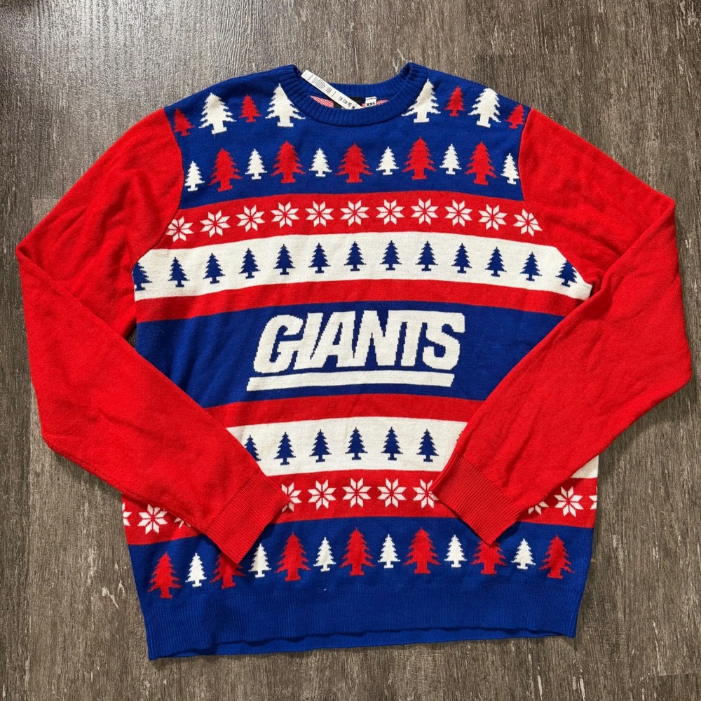 NFL Forever Collectible Giants Sweater Men XXL Blue Red Ugly Christmas Fair Isle